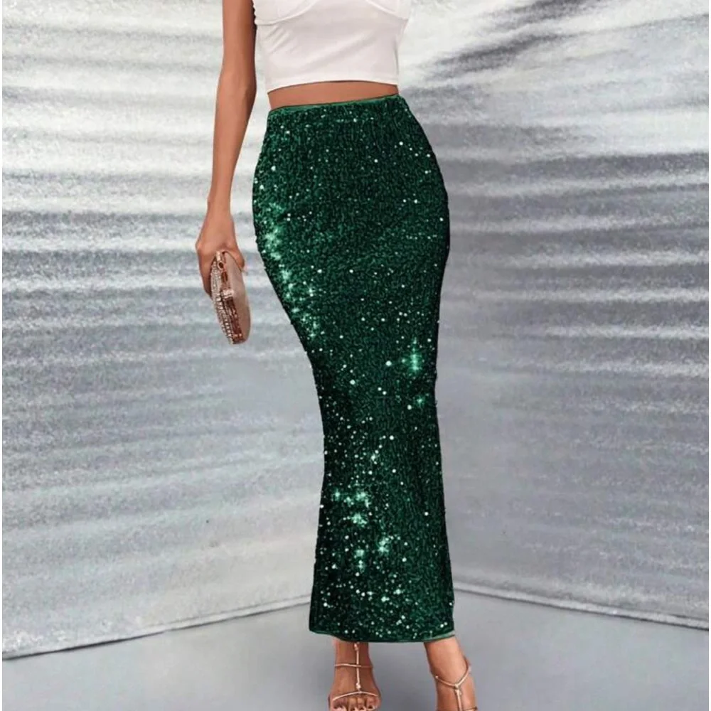 Luxe Velvet Sequin High Waist Holiday Evening Party Skirt Green - Picture 4 of 6